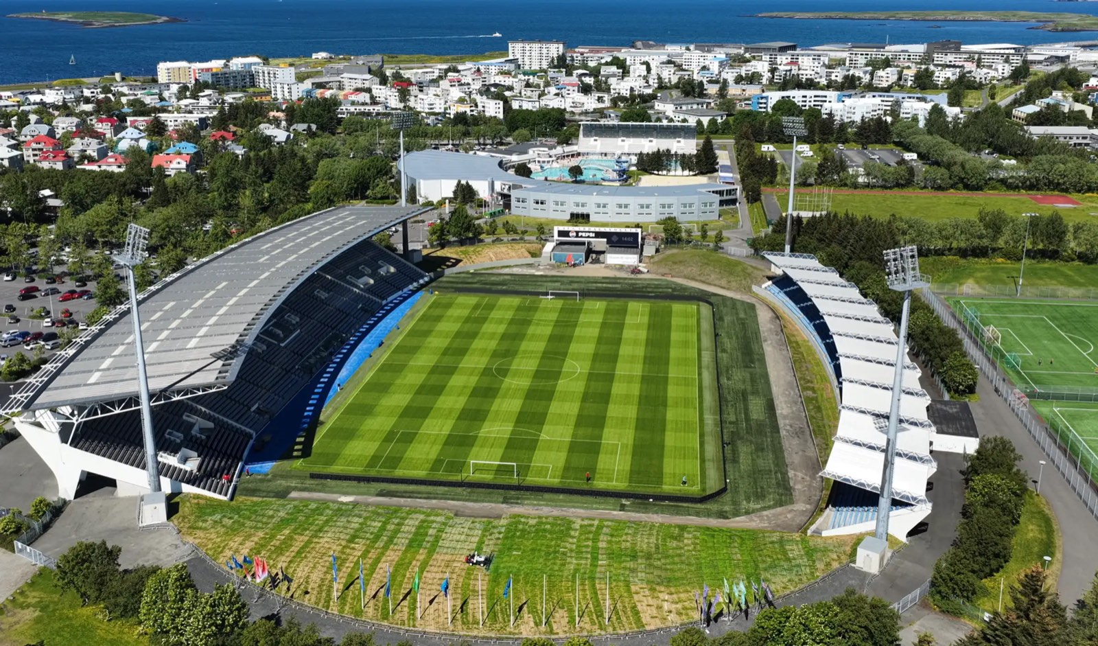 Aerial view of Laugardalsvöllur stadium and the pitches in Laugardalur, Reykjavík