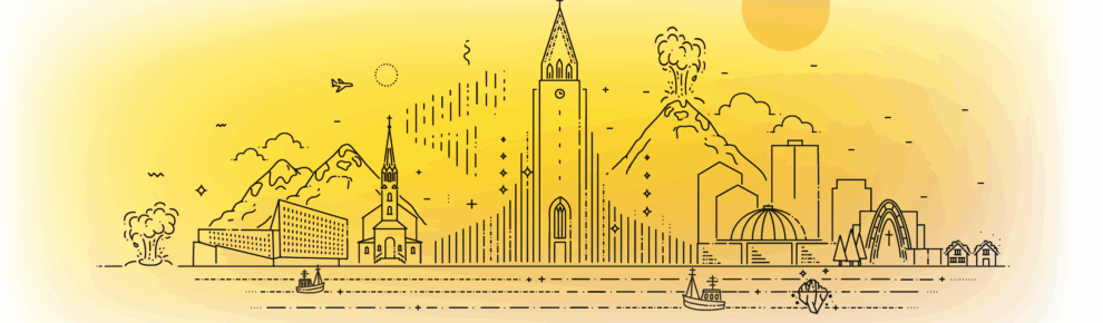 Illustrated Reykjavík skyline under the midnight sun